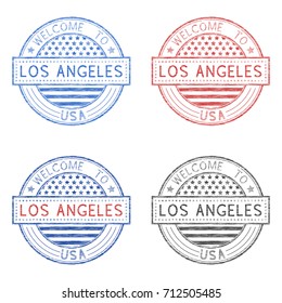 Welcome to Los Angeles, USA. Colored set of tourist stamps with US national flag. Vector illustration isolated on white background
