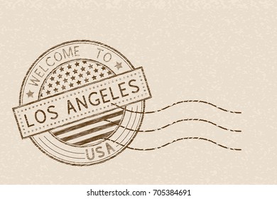 Welcome to Los Angeles, USA. Tourist brown stamp with US national flag on beige background. Vector illustration