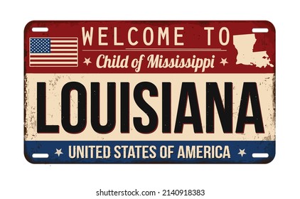 Welcome to Louisiana vintage rusty license plate on a white background, vector illustration