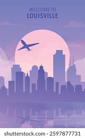 Welcome to Louisville, Kentucky state, USA. Gradient city poster, card with shapes of skyline, waterfront and airplane. America travel vector illustration, print, graphic