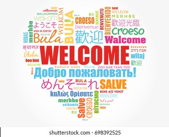 WELCOME love heart word cloud in different languages, conceptual background