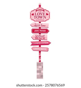 Welcome to the Love Town road sign on a stone pedestal. Valentine's Day pointer with Cupid's cookie arrows, lovers lane, kissing booth, love potion. Illustrated vector clipart.