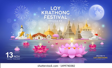 Welcome to Loy Krathong festival in building and landmark thailand banners on blue background, vector illustration