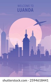 Welcome to Luanda, Angola. Gradient city poster, card with shapes of skyline, waterfront and airplane. Central Africa travel vector illustration, print, graphic