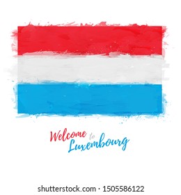 Welcome to Luxembourg banner. National flag Grand Duchy of Luxembourg in watercolor style design.  Luxembourgish symbol and print. Vector illustration.