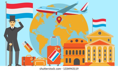 Welcome to Luxembourg postcard. Travel and safari concept of Europe world map vector illustration with national flag