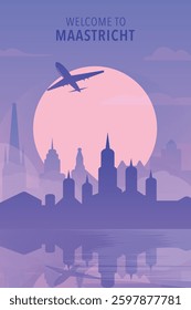 Welcome to Maastricht, Netherlands. Gradient city poster, card with shapes of skyline, waterfront and airplane. Holland townscape travel vector illustration, print, graphic