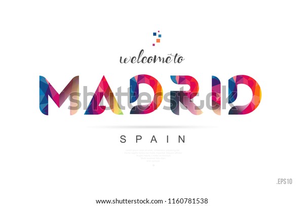 カラフルな虹の色とタイポグラフィックアイコンデザインのマドリッドスペインのカードと文字デザインへようこそ のベクター画像素材 ロイヤリティフリー