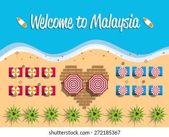Welcome to Malaysia postcard flat design, beach view on top, vector illustration 