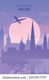 Welcome to Malmo, Sweden . Gradient city poster, card with shapes of skyline, waterfront and airplane. Scandinavia townscape travel vector illustration, print, graphic