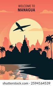 Welcome to Managua, Nicaragua. Retro city poster with abstract shapes of skyline, buildings, plane flying over shore. Vintage Central America travel vector illustration