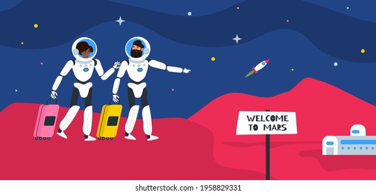welcome to mars couple of astronauts with luggages on red planet space tourism and travel vector illustration