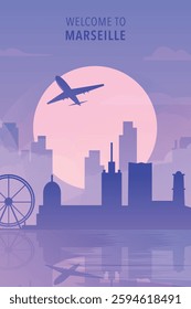 Welcome to Marseille, France. Gradient city poster, card with shapes of skyline, waterfront and airplane. Europe travel vector illustration, print, graphic
