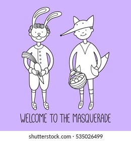 Welcome to masquerade. Kids in carnival dresses. Rabbit and fox little boys. Children theatre vector illustration. Cute character design and graphic elements for kids. Cartoon hand drawn style.