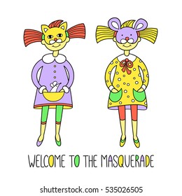 Welcome to masquerade. Kids in carnival dresses. Cat and mouse little girls. Children theatre vector illustration. Cute character design and graphic elements for kids. Cartoon hand drawn style.