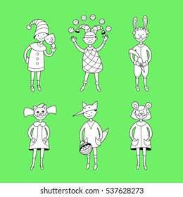 Welcome to masquerade. Kids in carnival dresses. Children theatre vector illustration. Cute character design. Set of graphic elements for kids. Cartoon hand drawn style. Black and white drawing.