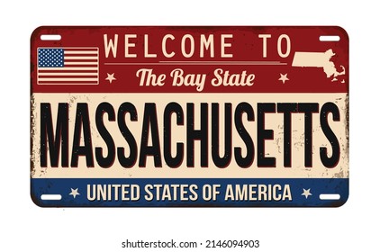 Welcome to Massachusetts vintage rusty license plate on a white background, vector illustration