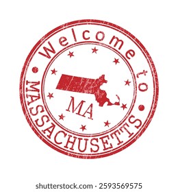 Welcome to Massachusetts. A worn stamp with a silhouette of the state and an abbreviated designation. Print impression, a template for creative design