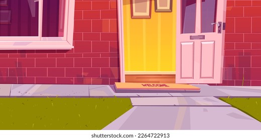 Welcome mat on floor near open house door cartoon illustration. Brick wall and window vector exterior with doormat vector background, waiting concept. Outside decoration in village near home