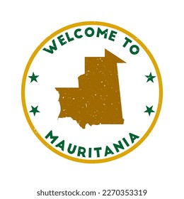 Welcome to Mauritania stamp. Grunge country round stamp with texture in Ficus Elastica color theme. Vintage style geometric Mauritania seal. Trendy vector illustration.