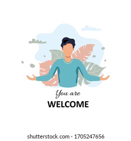Welcome, meeting concept. Person opens his hands. Flat cartoon style design. Vector illustration on white background.