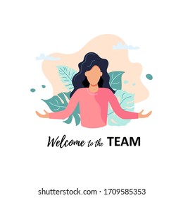 Welcome, meeting concept. Women opens his hands. Flat cartoon style design. Vector illustration on white background.