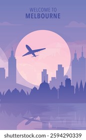 Welcome to Melbourne, Australia. Gradient city poster, card with shapes of skyline, waterfront and airplane. Travel vector illustration, print, graphic