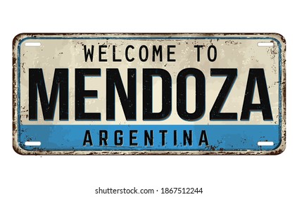 Bienvenido a Mendoza chapa metálica oxidada vintage sobre fondo blanco, ilustración vectorial