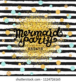Welcome Mermaid Party text isolated on striped background. Hand drawn Mermaid Party lettering as logotype, badge, patch, icon. Template for party, birthday, invitation, flyers, baby birth, web