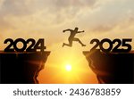 Welcome Merry Christmas in 2025. A young man jump between 2024 and 2025 years over the sun and through on the gap of hill silhouette evening colorful sky. Happy new year. Vector illustration.