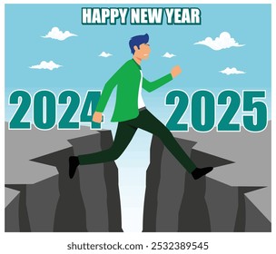 Welcome Merry Christmas 2025. A young man jumps between 2024 and 2025 above the sun and through the gap in the silhouette of the hill. flat vector modern illustration 