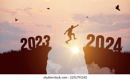 Welcome Merry Christmas and Happy New Year in 2024. Black silhouette man jumping from 2023 cliff to 2024 cliff with cloudy sky and sunlight. Vector illustration