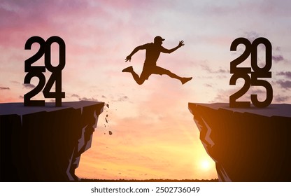 Welcome Merry Christmas and Happy New Year in 2025, Vector silhouette man jumping from 2024 cliff to 2025 cliff with cloudy sky and sunlight. Vector illustration isolated on white background