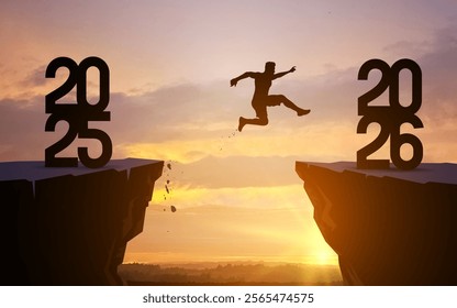 Welcome Merry Christmas and Happy New Year in 2026, Vector silhouette man jumping from 2025 cliff to 2026 cliff with cloudy sky and sunlight. Vector illustration isolated on white background