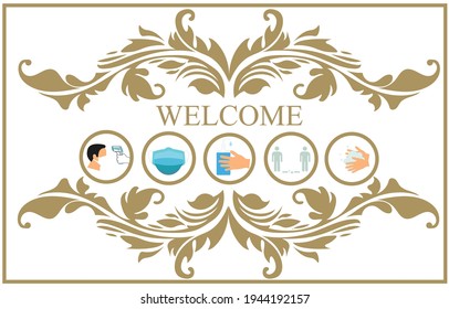 Welcome message with icon temperature check symbol wearing face mask