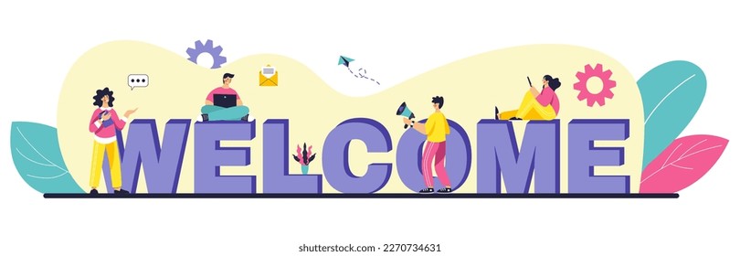 Welcome message. Office manager. Boss words. Invitation lettering. Team celebration. Men and women. Friends meeting. Chatting people. Digital communication. Vector illustration concept