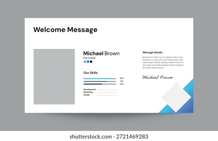 Welcome message slide presentation template with a clean, modern, and professional layout. Perfect for business presentations, corporate meetings, conferences, onboarding, events, and company introductions. Fully editable and easy to customize, suitable for PowerPoint, Google Slides, and Keynote. Ideal for professional, corporate, and creative presentation use.