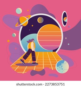 Welcome to metaverse. Concept of virtual reality tech, cartoon style. Girl in VR glasses goes to cyberspace. Future digital space, retro futurism. Trendy modern vector illustration, flat design.  