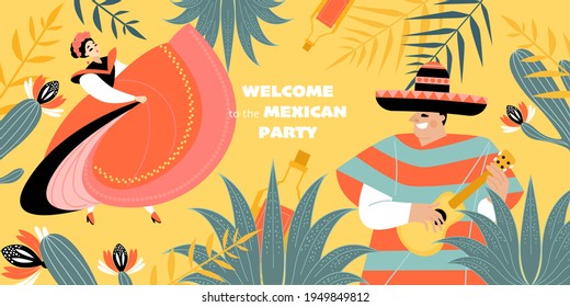 Welcome to mexican party banner with musician and dancing girl in traditional costumes, tequila and plants. Vector illustration in cartoon style