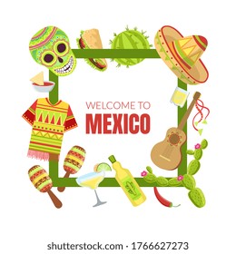 Welcome to Mexico Banner Template with Travelling Symbols of Square Frame Vector Illustration