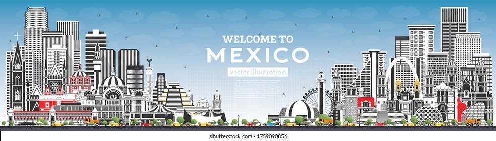 Welcome to Mexico City Skyline with Gray Buildings and Blue Sky. Vector Illustration. Concept with Historic Architecture. Mexico Cityscape with Landmarks. Puebla. Mexico. Tijuana. Guadalajara.
