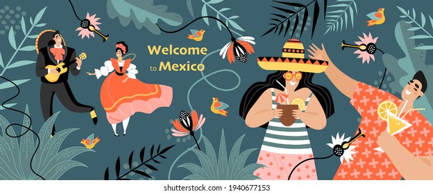 Welcome to Mexico concept. Banner with funny young people drinking cocktails and a couple in traditional Mexican clothes on a background of flowers. Illustration in flat style