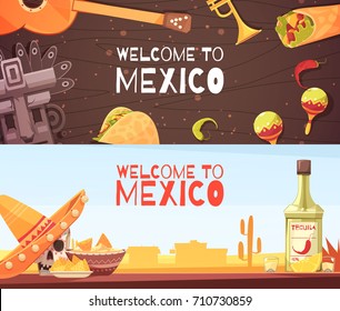 Welcome to mexico horizontal banners with national cultural and culinary elements flat vector illustration