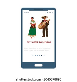 Welcome to Mexico mobile page interface. Mexican culture onboarding page template with woman and man in traditional Latin-American folk outfit, flat vector illustration.