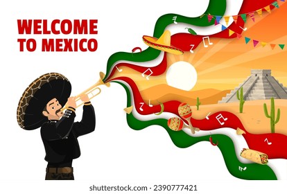 Welcome to Mexico paper cut banner with mariachi musician character, Mexican desert and pyramid. Paper cut vector background or banner with musician playing on trumpet, Inca pyramid, Tex Mex food