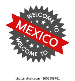 Willkommen bei MEXICO. Rundetikett mit rotem Band. Vektorgrafik einzeln auf weißem Hintergrund