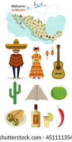 Welcome to Mexico. Set of illustrations of the pyramid, Mexican burritos, guitar, maracas, cactus, tequila
