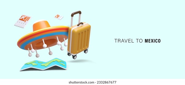 Welcome to Mexico. Travel abroad. 3D illustration. Sombrero and suitcase, world map, airline tickets. Cultural recreation, sightseeing. National cuisine music, dancing. Bright rest