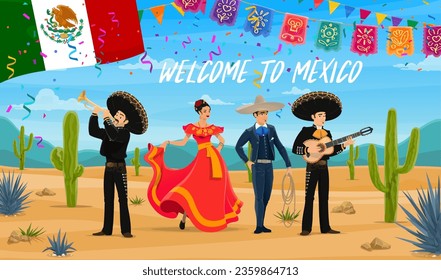 Welcome to Mexico travel banner with national mexican characters. Mariachi musicians band, woman flamenco dancer and matador. Cinco de Mayo music festival, party or fiesta carnival celebration