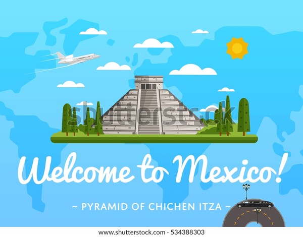 メキシコのポスターへようこそ 有名な引き付けベクターイラストが描かれています チチェン イッツァ トゥルム ククルカン地下聖堂墓ピラミッドを持つ旅行 デザイン 旅行のコンセプト 旅行代理店のツアーガイド のベクター画像素材 ロイヤリティフリー